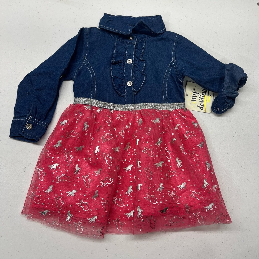My Destiny Girls Western Style Long Sleeve Denim and Frill Dress - Size 24 Mths